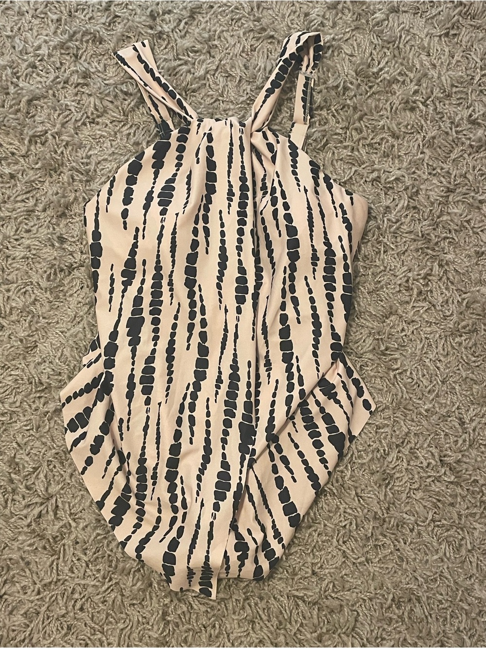 Striped Dot-Print One-Piece Swimsuit in Beige and Black